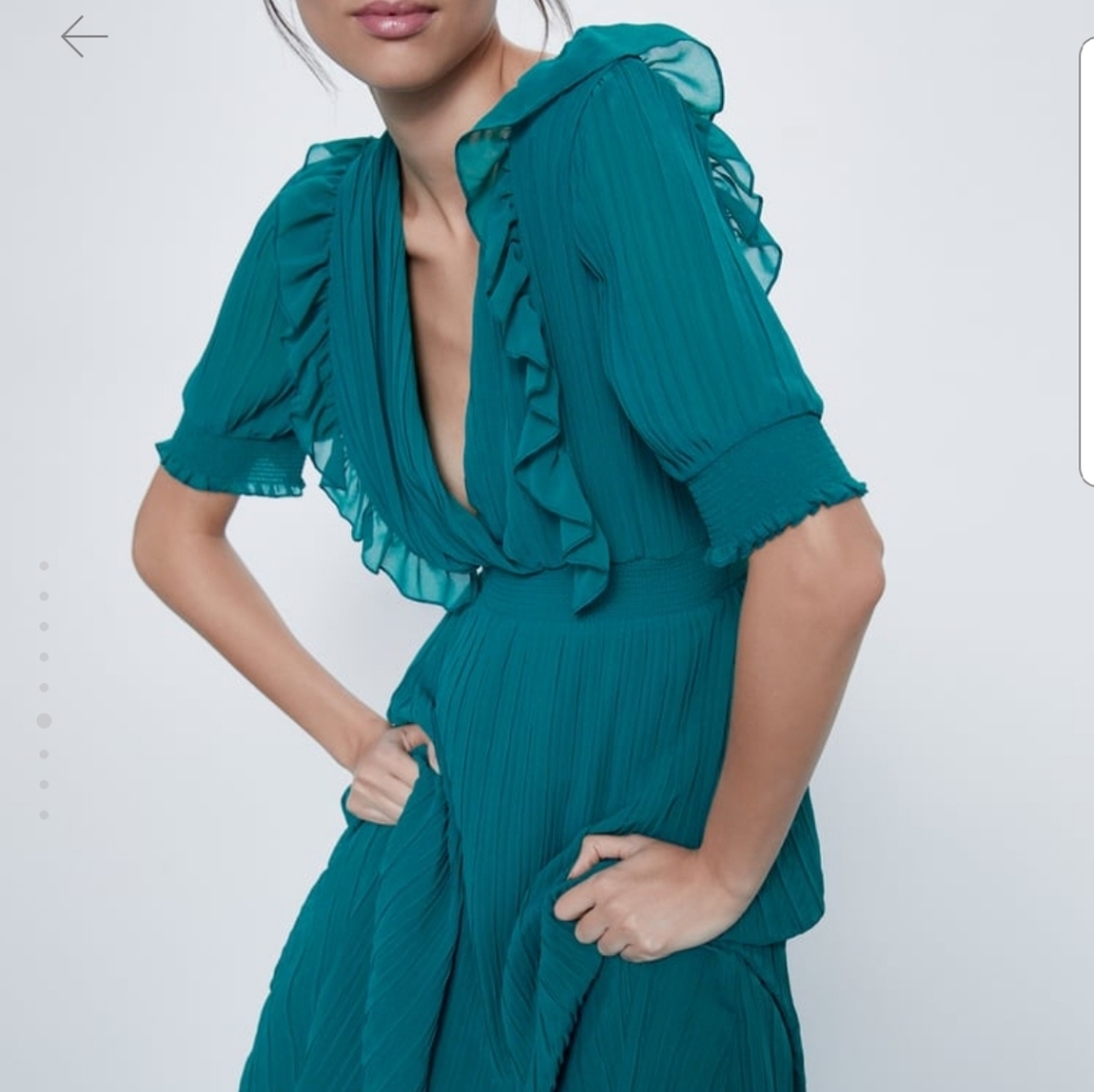 ZARA Pleated Emerald Dress Sz XS - Picture 3 of 7